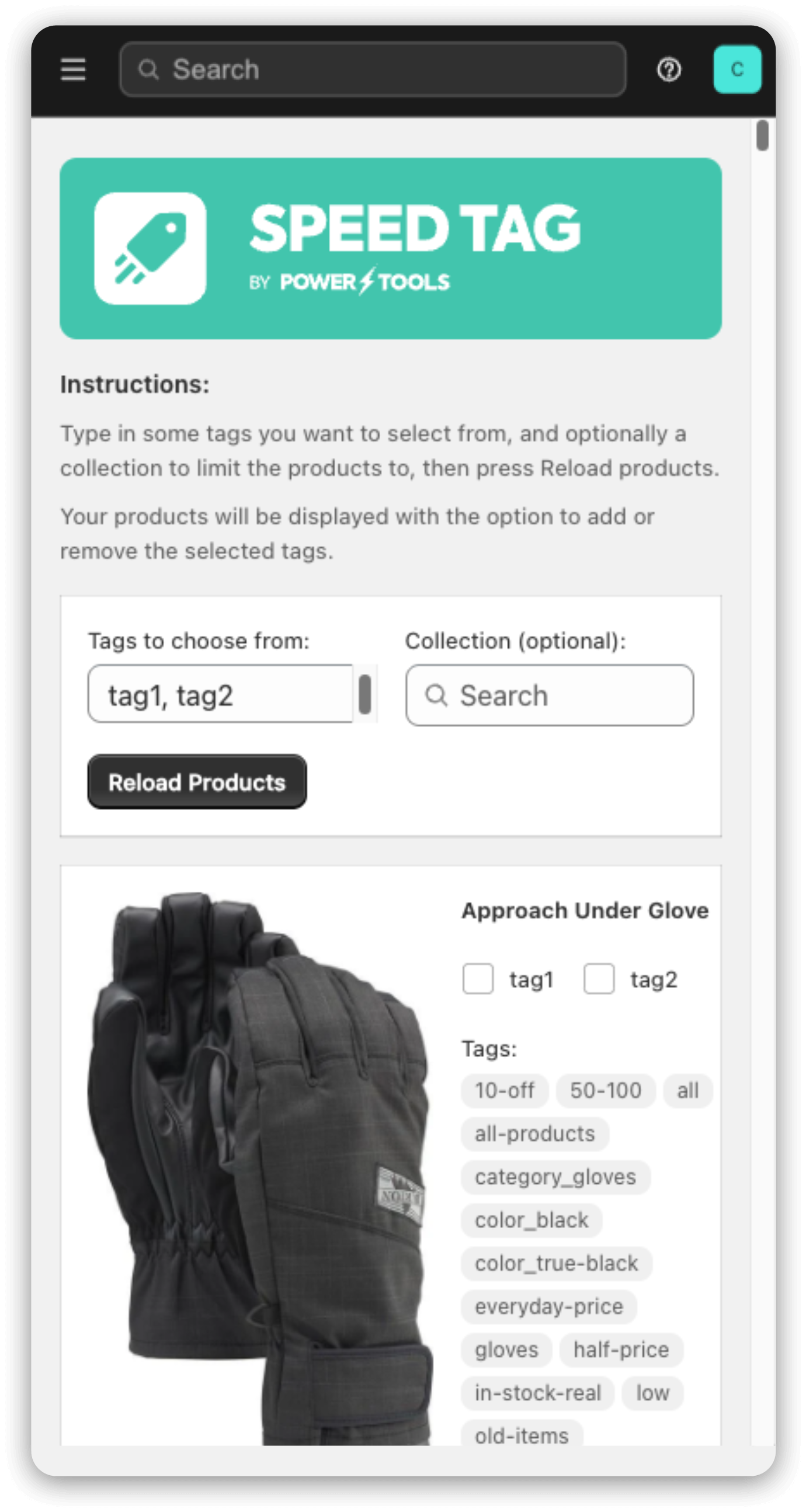 Speed Tag interface for quickly managing Shopify product tags