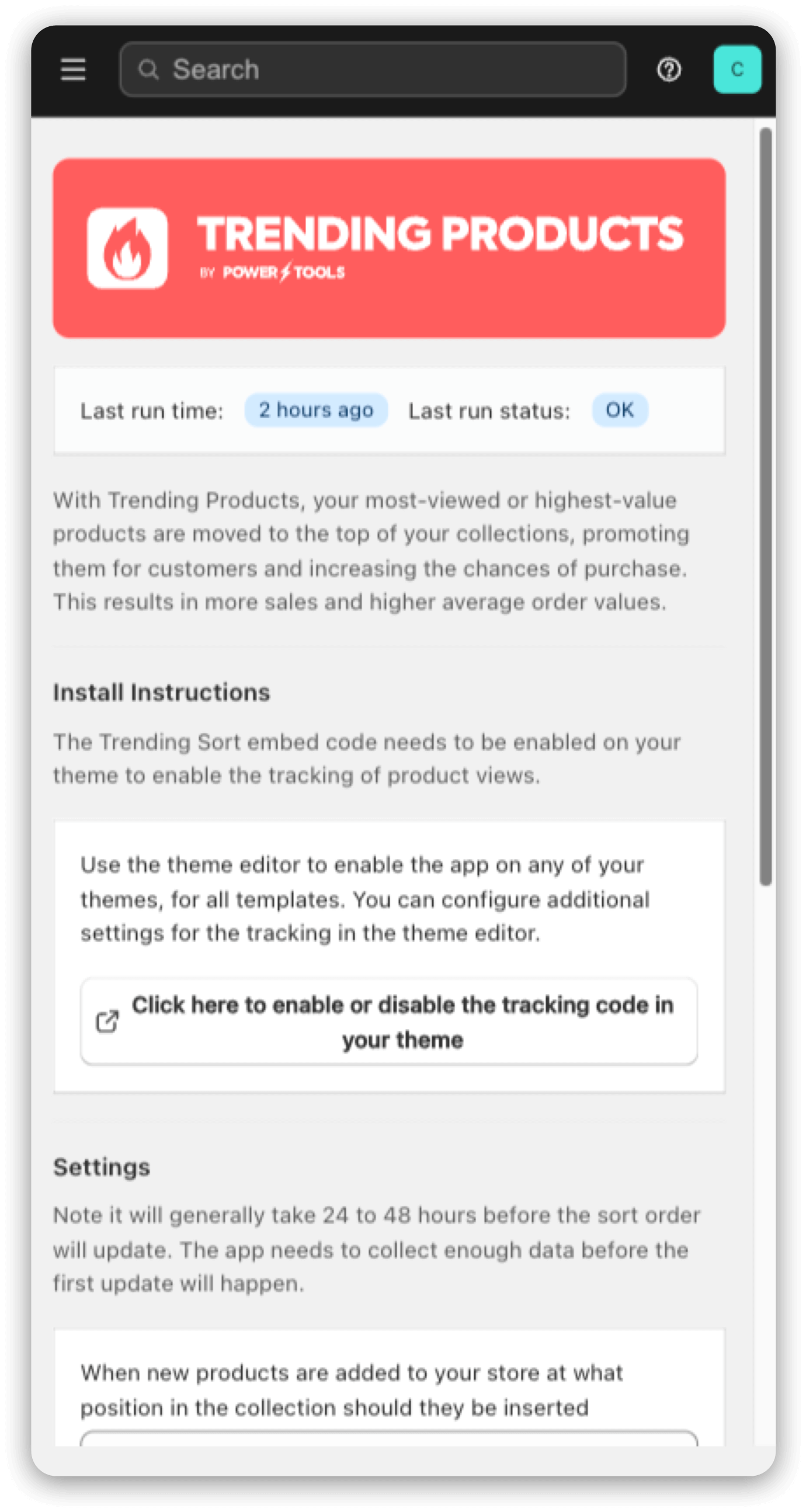 Trending Products interface for configuring Shopify collection sorting