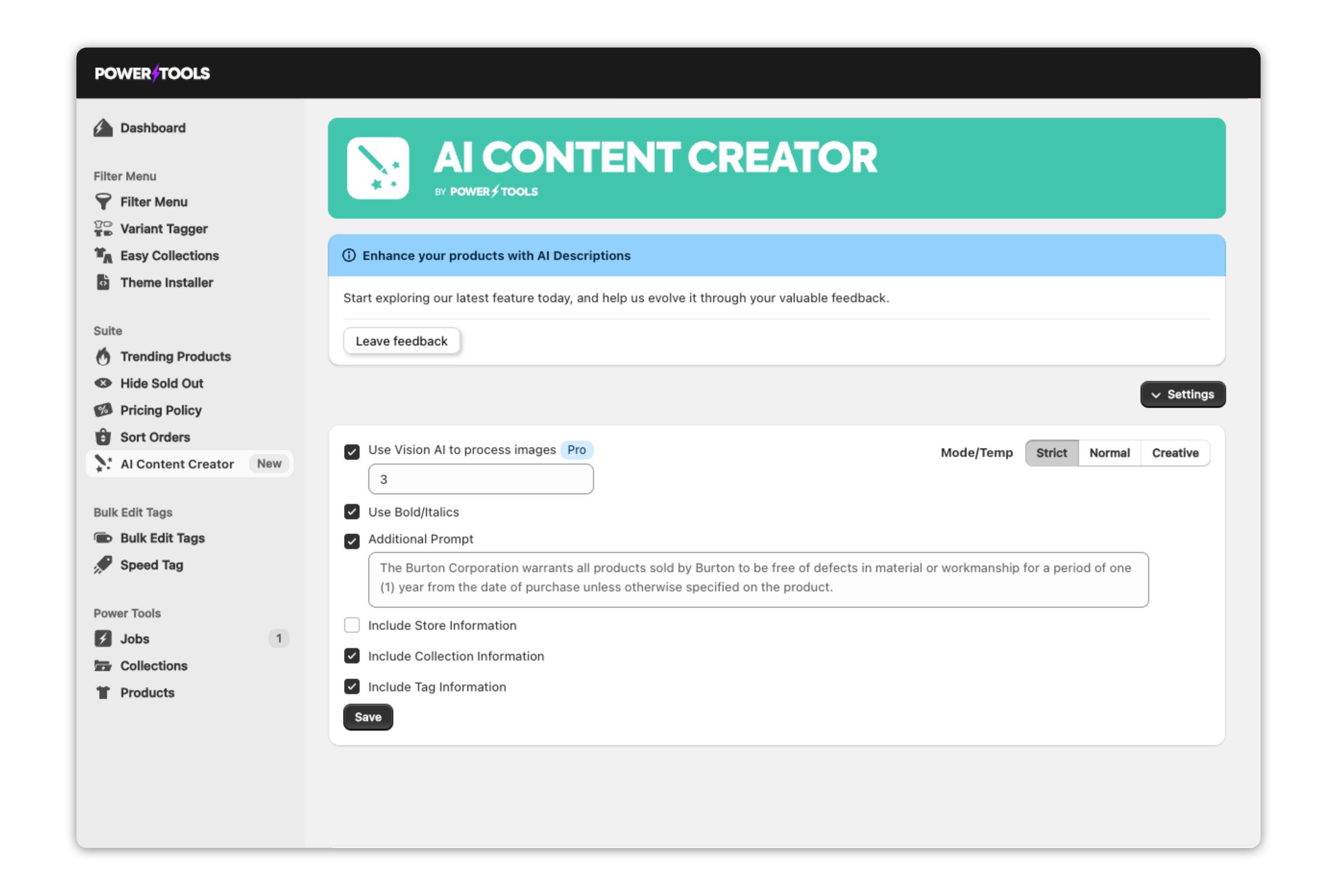 AI Content Creator interface generating a Shopify product description