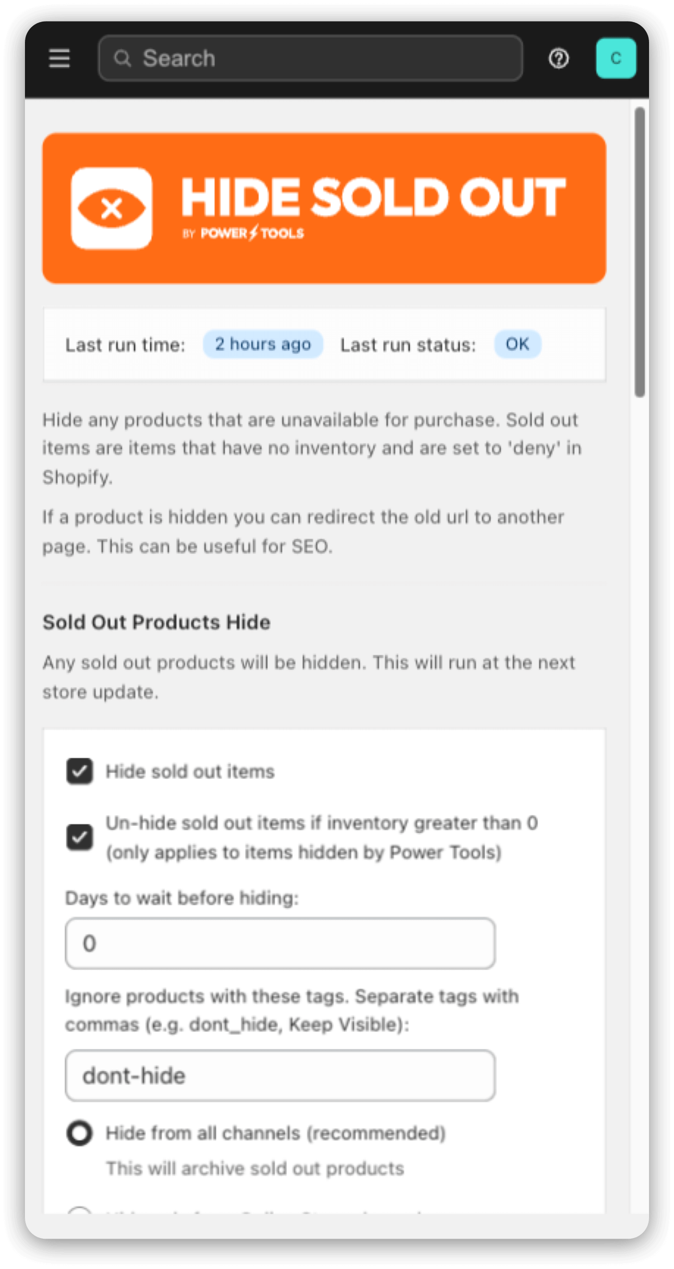Hide Sold Out interface for managing unavailable Shopify products