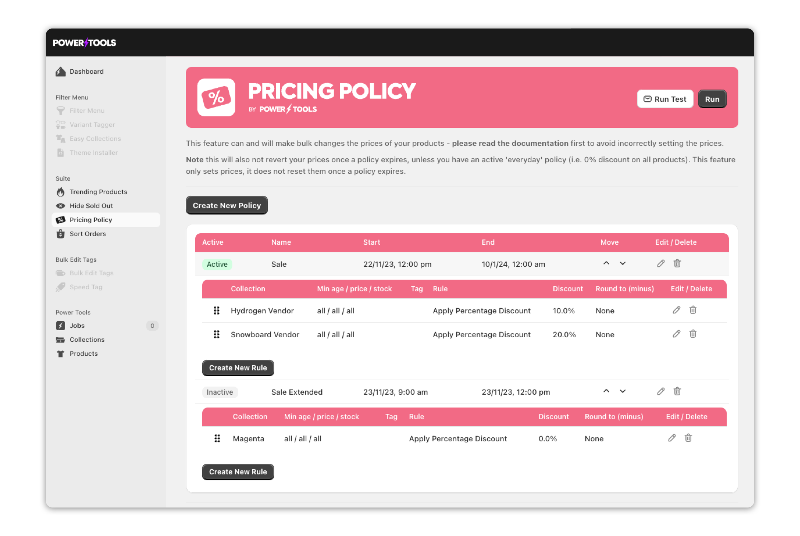 Pricing Policy interface for scheduling Shopify price changes
