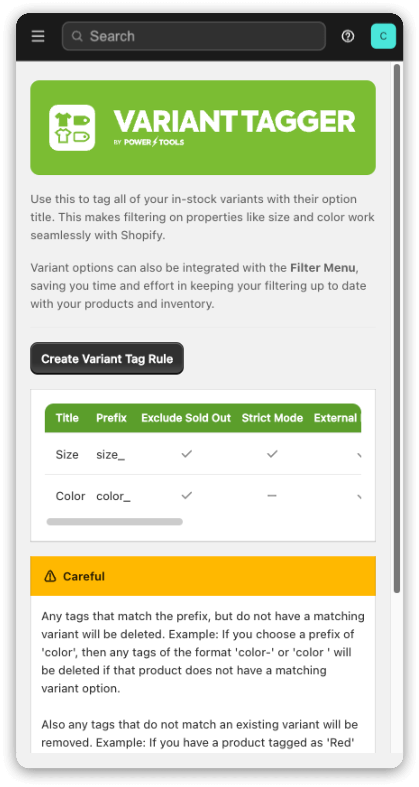 Variant Tagger interface for creating Shopify variant tags
