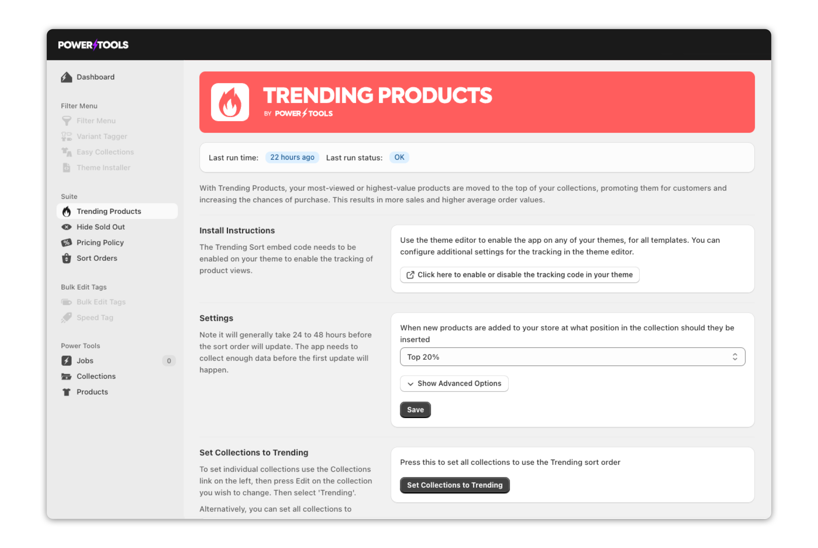 Trending Products interface for configuring Shopify collection sorting