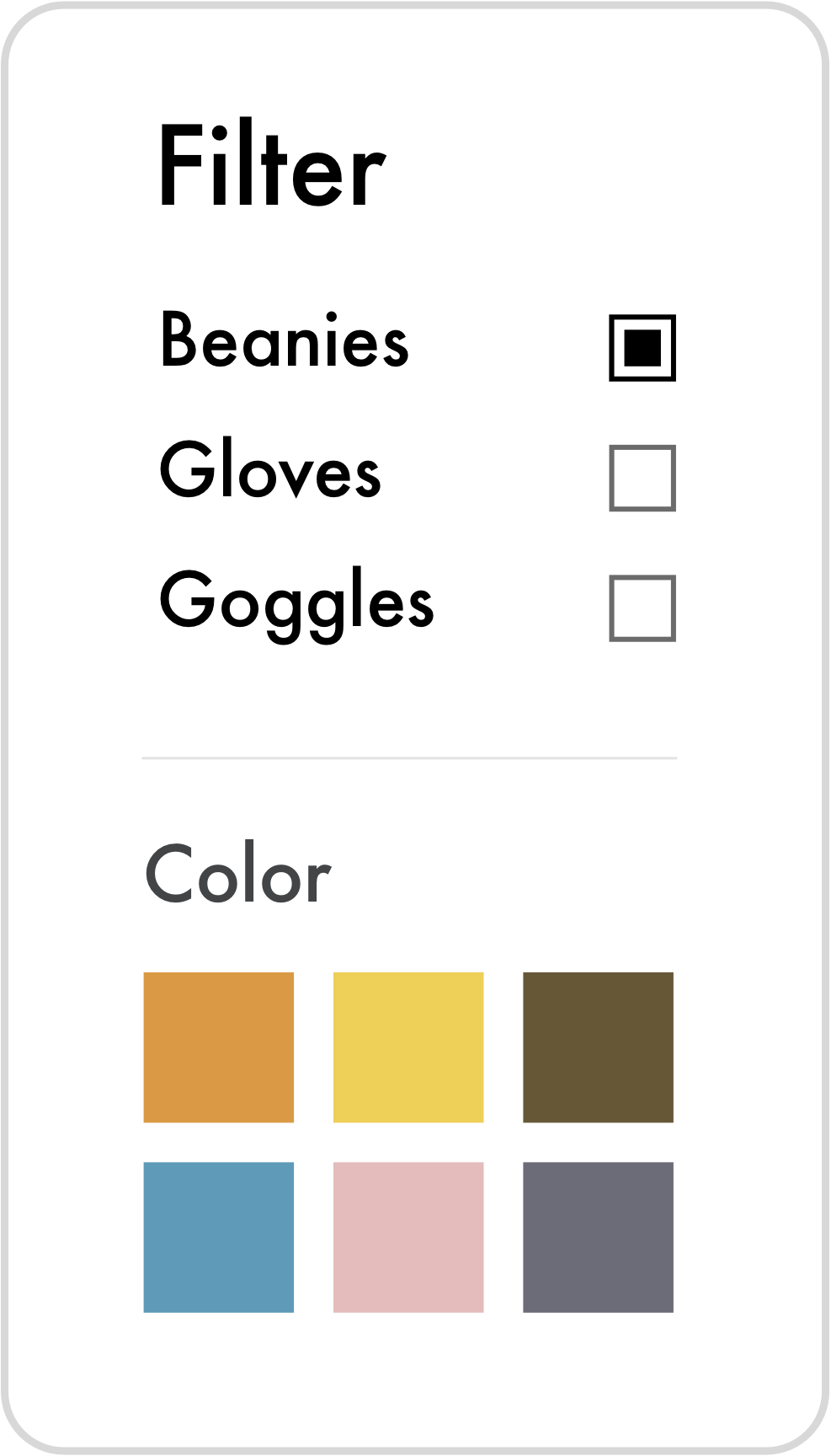 Filter Menu controls for filtering Shopify products by tag and color