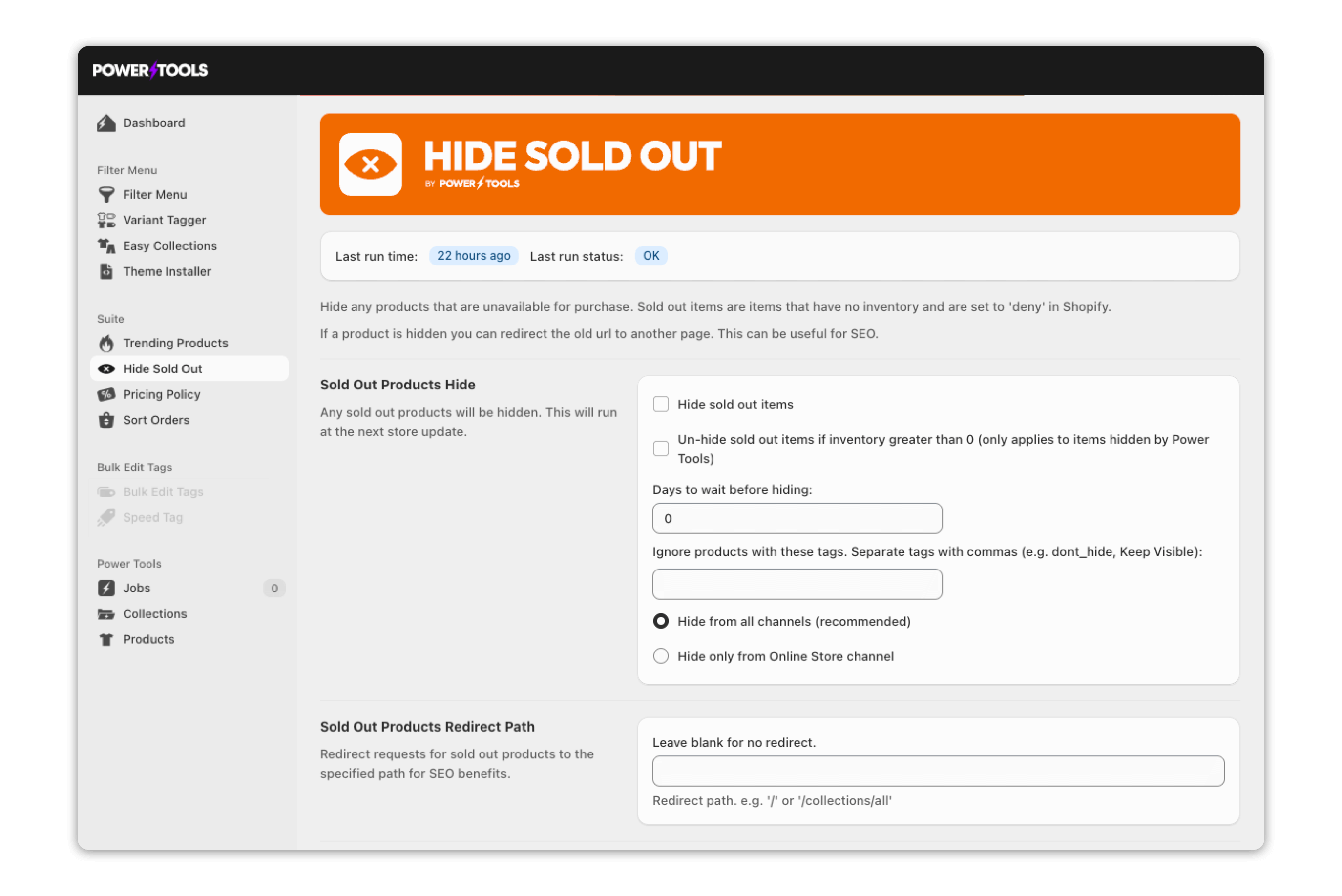 Hide Sold Out interface for managing unavailable Shopify products