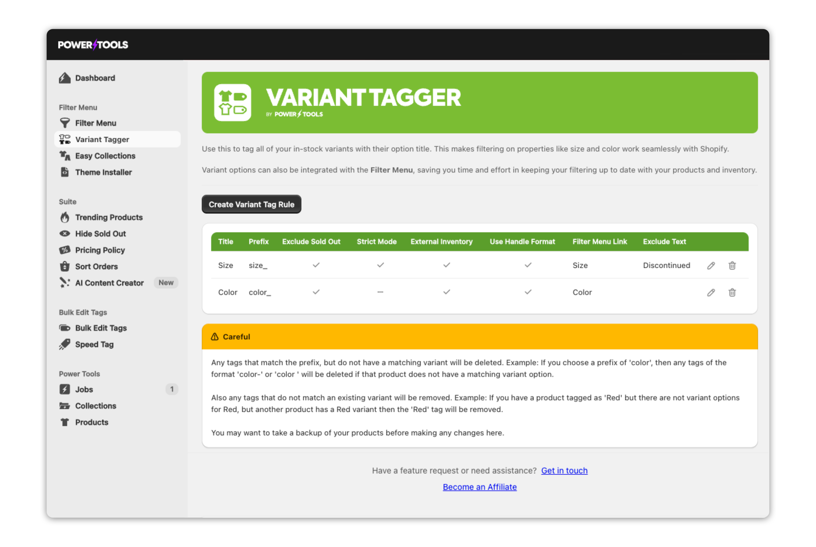 Variant Tagger interface for creating Shopify variant tags