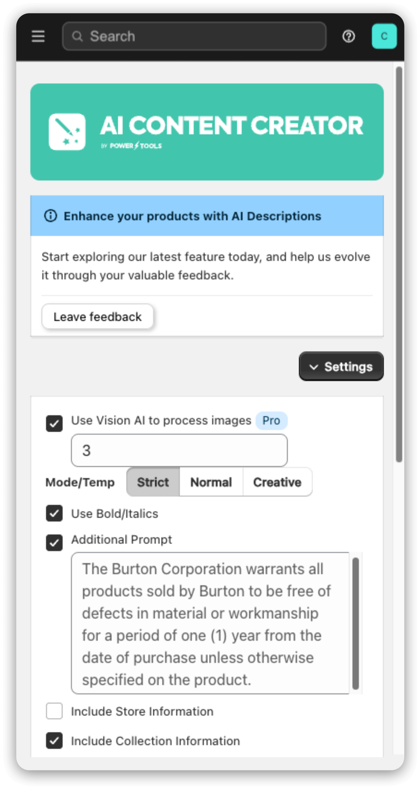 AI Content Creator interface generating a Shopify product description
