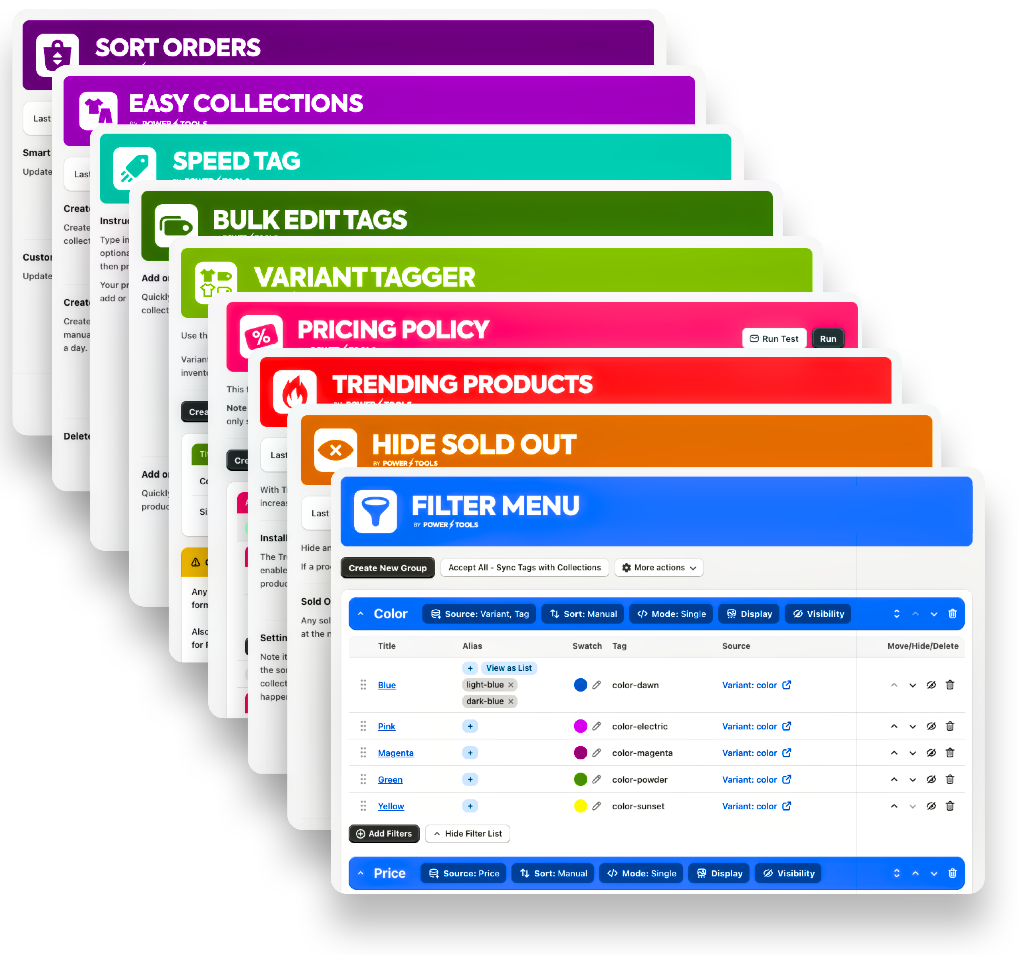 Power Tools apps managing a Shopify product catalog