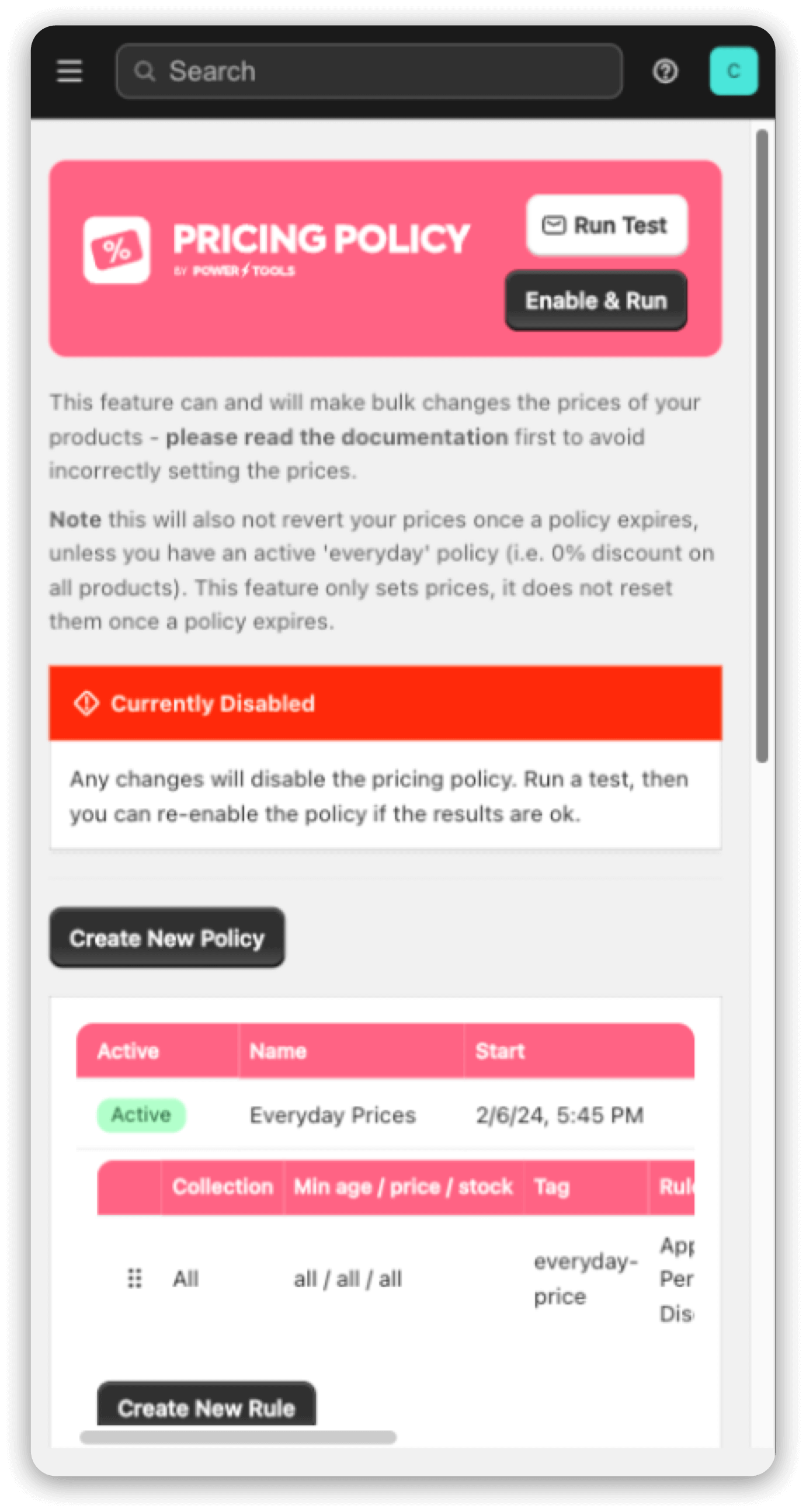 Pricing Policy interface for scheduling Shopify price changes