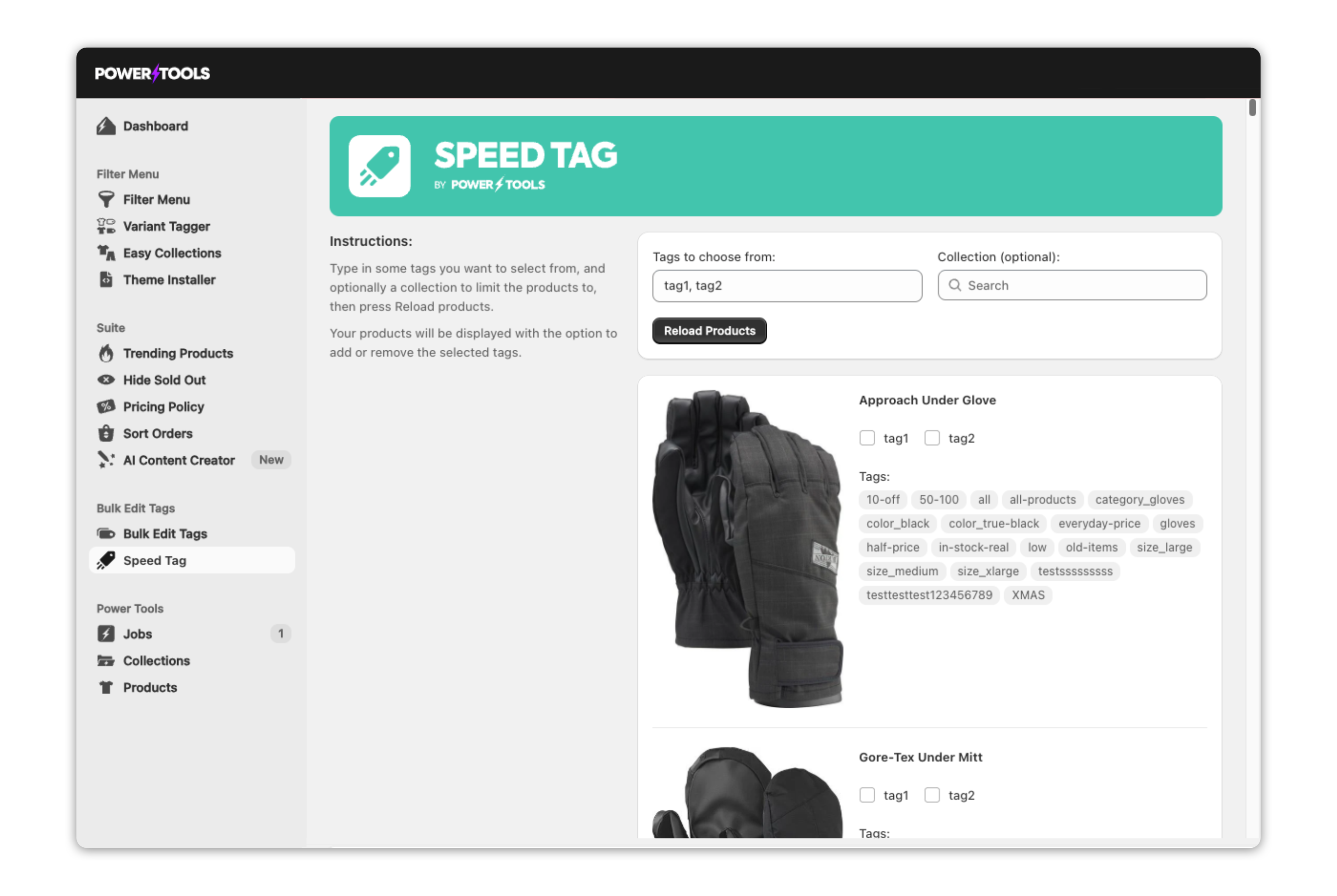 Speed Tag interface for quickly managing Shopify product tags